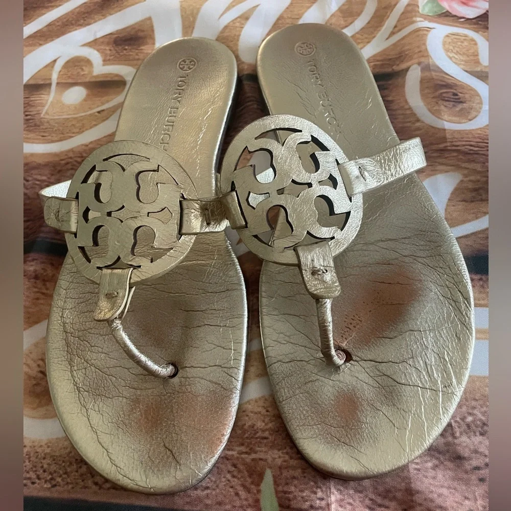 Tory Burch Gold Miller Sandals with Signature Medallion
